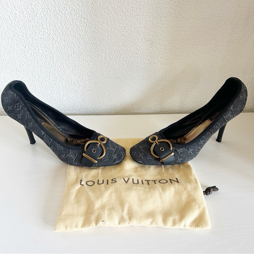 Louis Vuitton Vintage Monogram Canvas Black Gray Buckle Heels Pumps Size EU 39.5 - Picture 4 of 15